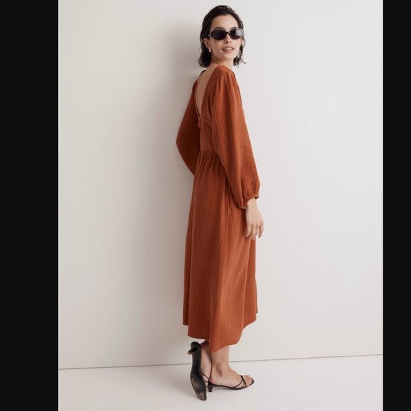 Madewell Lightspun V-Neck Midi Dress in Burnt Orange - Picture 1 of 7